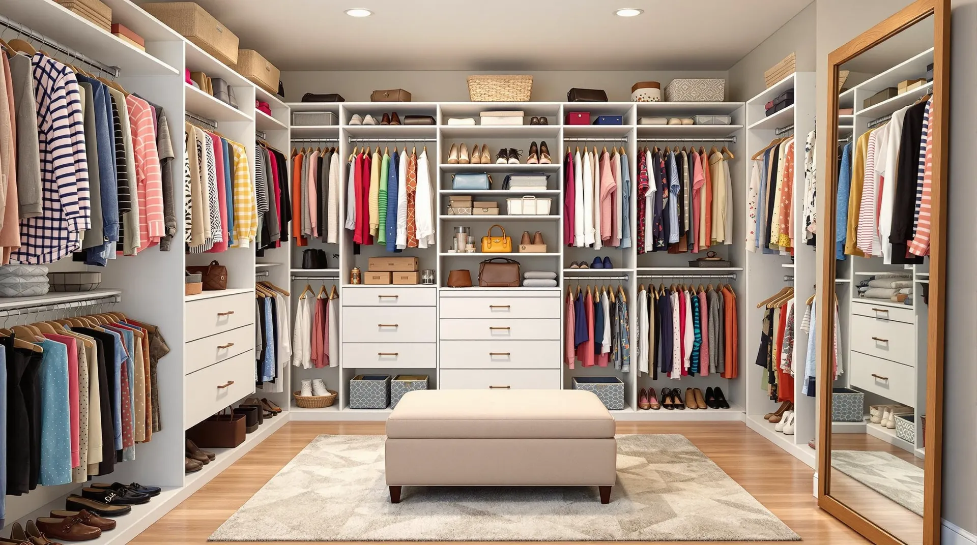 White closet with colorful clothes and tall mirror